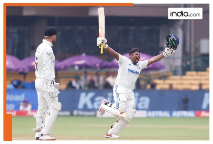 Sarfaraz Khan’s aggressive celebration after smashing maiden Test ton against New Zealand